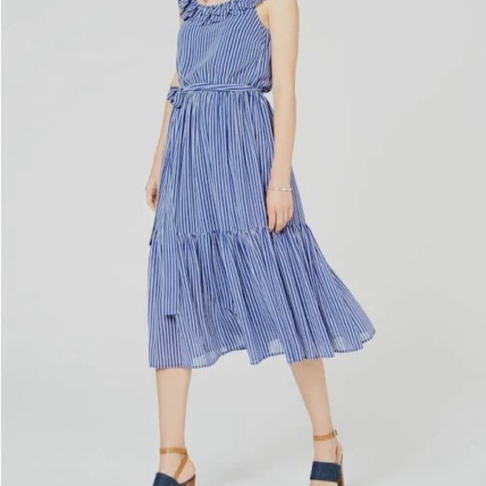 Blue and White Striped Midi Dress with Tie Waist